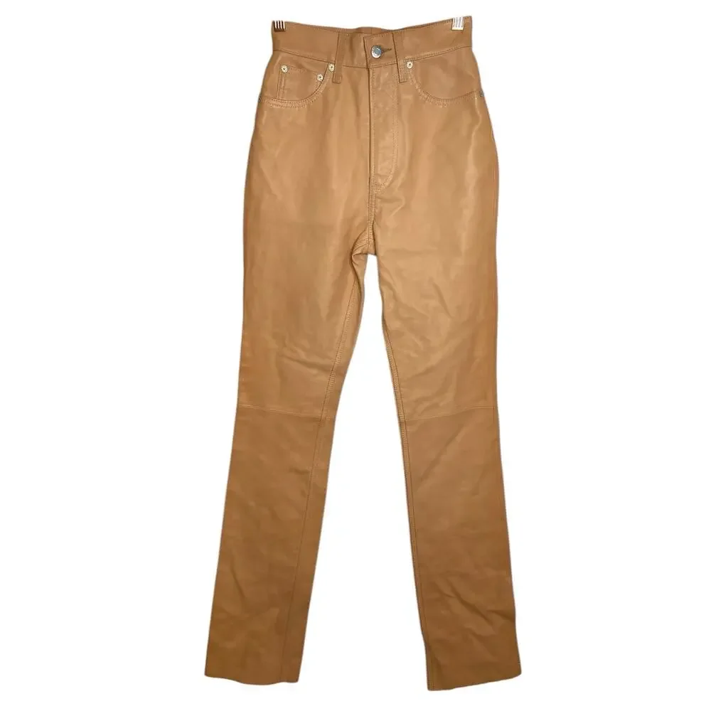 Helmut Lang Femme Hi Bootcut Pants Raw Leather Slim Fit High Rise Natural Sz 24
